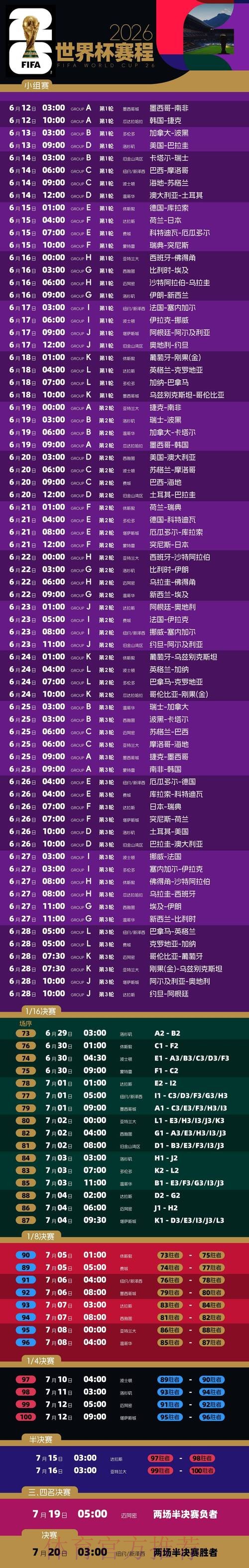 2026世界杯比赛时间今日完整安排实时查看